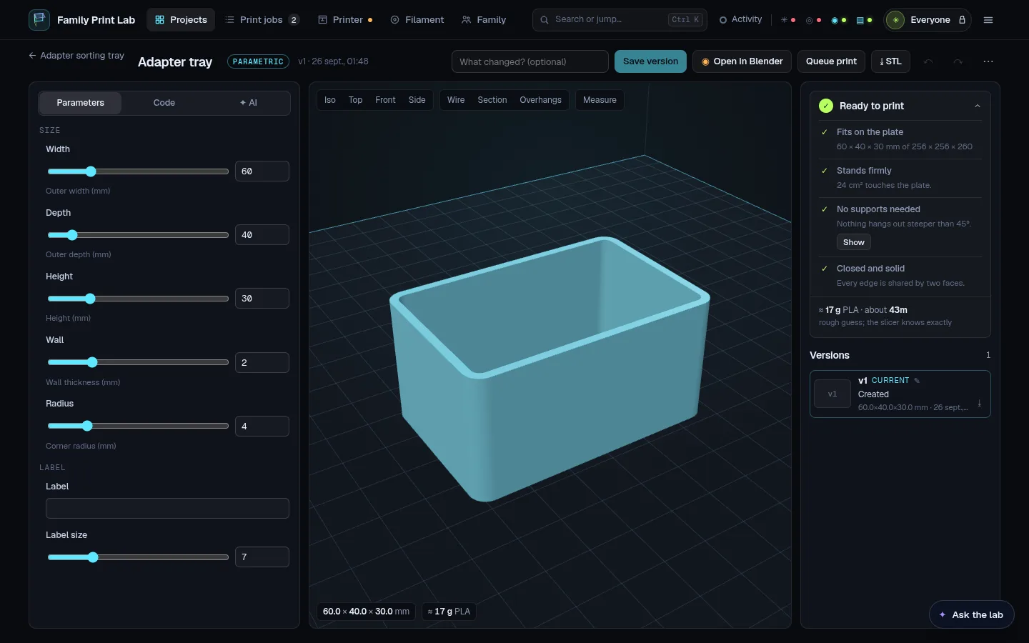 The model workbench: parameter sliders, a 3D view of the part and the print check
